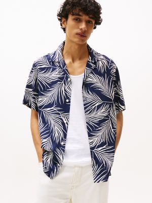 Regular Fit Tropic Leaf Print Camp Shirt, Preppy Navy