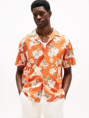 Regular Fit Floral Print Camp Shirt, Brilliant Orange