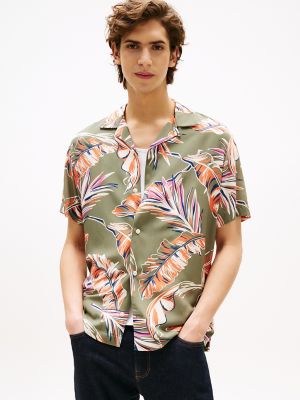 Regular Fit Banana Leaf Print Camp Shirt, Battle Green