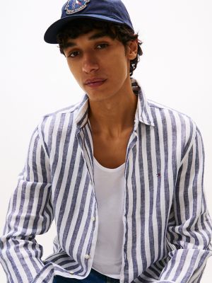 Regular Fit Linen Stripe Shirt, Preppy Navy Stripe