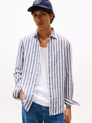 Chemise rayée en lin, coupe régulière, rayures bleu marine Preppy
