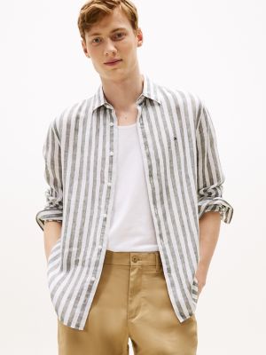 Regular Fit Linen Stripe Shirt, Battle Green Stripe