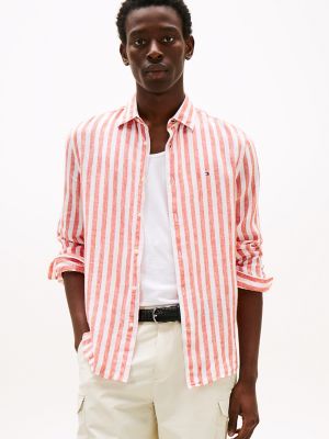 Regular Fit Linen Stripe Shirt, Brilliant Orange Stripe