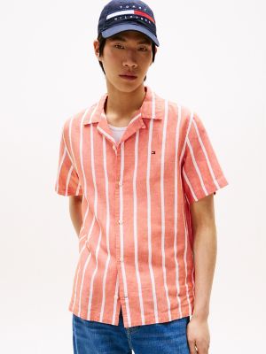 Regular Fit Linen-Blend Stripe Shirt, Brilliant Orange Stripe