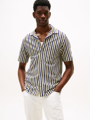 Regular Fit 1985 Stripe Knit Camp Shirt, Battle Green Stripe/Blue Stripe