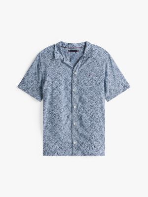 Regular Fit Wave Print Camp Shirt, Navy