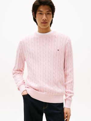 Classic Cable Knit Crewneck Sweater, Pink Lily