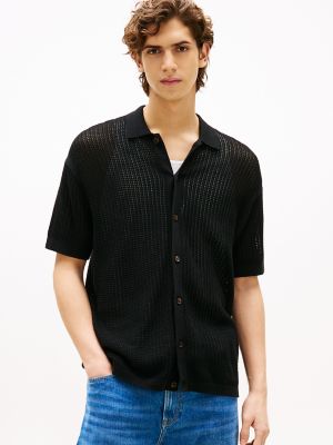Short-Sleeve Open-Knit Overshirt, Black