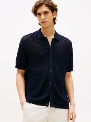 Short-Sleeve Open-Knit Overshirt, Navy
