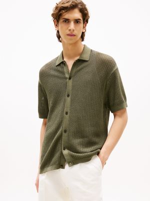 Short-Sleeve Open-Knit Overshirt, Battle Green