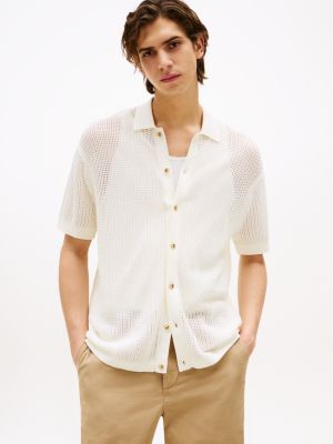 Short-Sleeve Open-Knit Overshirt, Ivory Petal