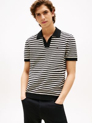 Short-Sleeve Stripe Polo Sweater, Navy/Ivory Petal Stripe