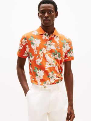 Regular Fit Tropical Floral Print Polo, Brilliant Orange Multi