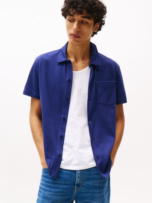 Regular Fit Button-Up Knit Shirt, Light Navy