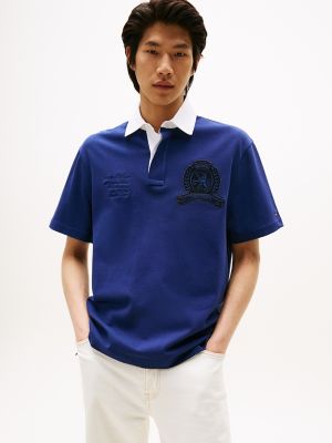 Polo à logo à rayures rugby, coupe classique, bleu marine Preppy