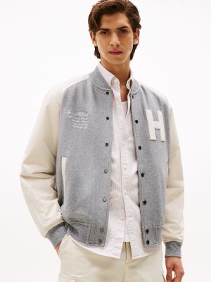 Mixed Media Varsity Sweatshirt Bomber, Authentic Marl Grey/Newsprint