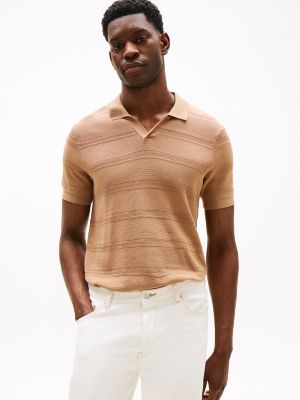 Regular Fit Open-Neck Stripe Knit Polo, Desert Sand Stripe