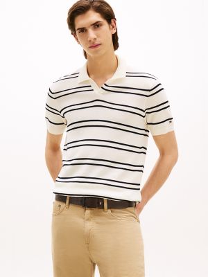 Regular Fit Open-Neck Stripe Knit Polo, Ivory Petal/Navy Stripe