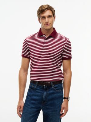 Мужское поло Tommy Hilfiger Regular Fit Striped Smooth Cotton Polo, цвет: Бордовый / Слоновая кость — фото 1