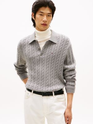 Cable Knit Sweater Polo, Medium Grey Heather
