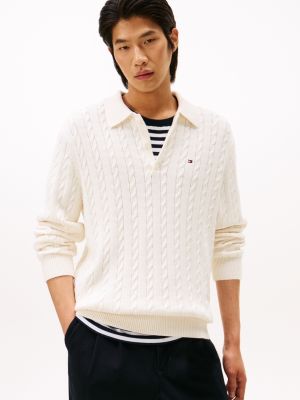 Cable Knit Sweater Polo, Ivory Petal