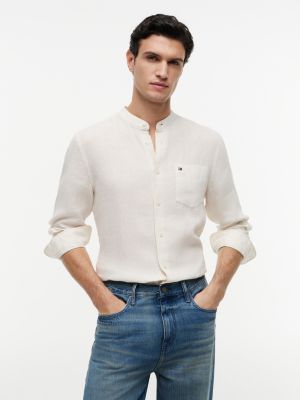 Regular Fit Band Collar Linen Shirt, White