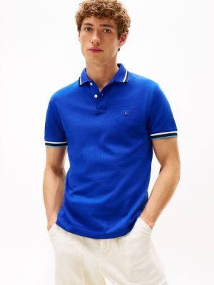 Slim Fit Stripe-Cuff Stretch Pique Polo, Wedge Blue