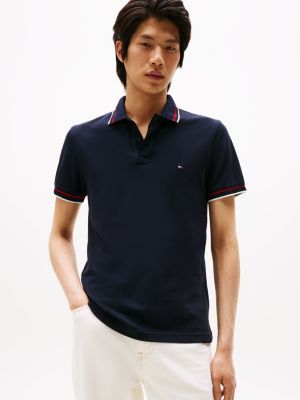 Slim Fit Stripe-Cuff Stretch Pique Polo, Navy