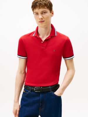 Slim Fit Stripe-Cuff Stretch Pique Polo, Medium Red