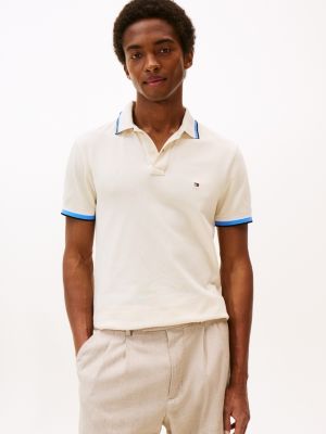 Slim Fit Stripe-Cuff Stretch Pique Polo, Ivory Petal