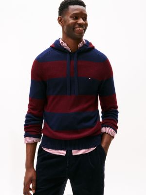 Lambswool Hoodie Sweater, Navy/Deep Burgundy Heather Stripe
