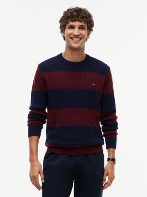 Striped Lambswool Cable Knit Sweater, Navy Blue/Burgundy 