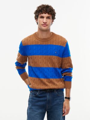Striped Lambswool Cable Knit Sweater, Safari Canvas