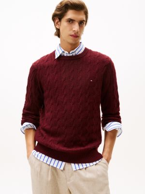 Lambswool Cable Knit Sweater, Deep Burgundy Heather