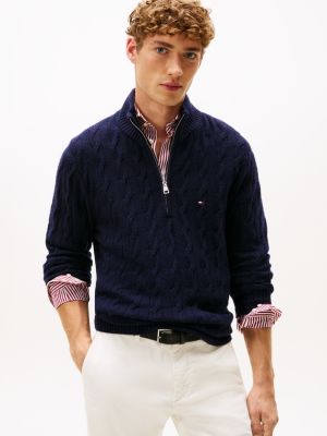 Lambswool Cable Knit Quarter-Zip Sweater, Desert Sky