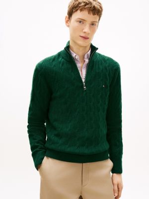 Lambswool Cable Knit Quarter-Zip Sweater, Ornamental Green Heather
