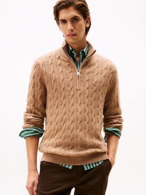 Lambswool Cable Knit Quarter-Zip Sweater, Safari Canvas Heather