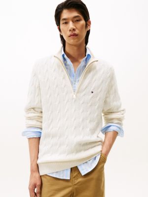 Lambswool Cable Knit Quarter-Zip Sweater, Ivory Petal