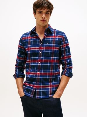 Brushed Flannel Check Print Shirt, Preppy Navy Check