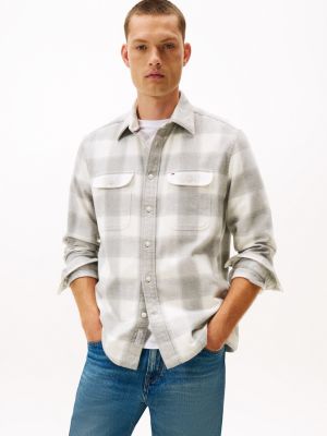Brushed Flannel Check Print Shirt Jacket, Light Grey Heather Check