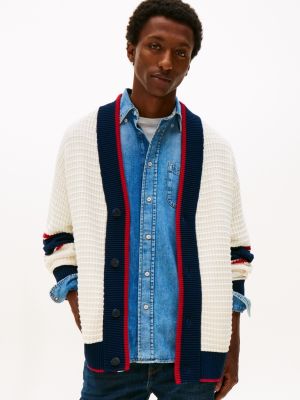 Relaxed Fit Varsity Cardigan, Ivory Petal/Navy/Medium Red