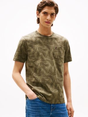 Allover Leaf Print Pocket T-Shirt, Battle Green