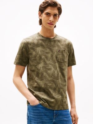 Allover Leaf Print Pocket T-Shirt, Battle Green
