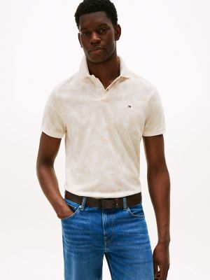 Regular Fit Allover Leaf Print Polo, Ivory Petal