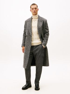 Double-Breasted Wool Coat, Black/White Tweed