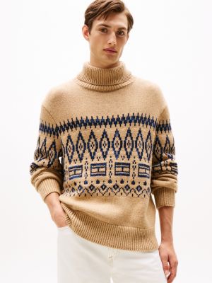 Fair Isle Wool-Blend Turtleneck Sweater, Timeless Camel Heather