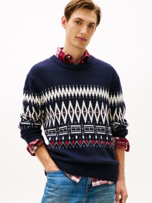 Fair Isle Wool-Blend Crewneck Sweater, Navy/Ivory Petal