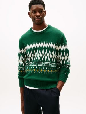 Fair Isle Wool-Blend Crewneck Sweater, Ornamental Green/Ivory Petal