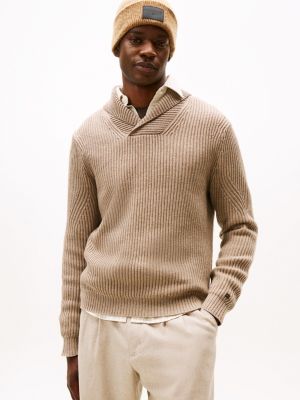 Shawl Collar Wool-Blend Sweater, Coastal Taupe Heather