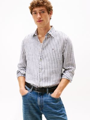 Regular Fit Striped Linen Shirt, Navy Stripe